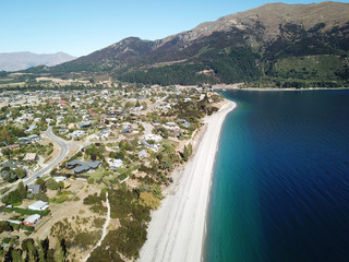 Aerial view Hawea and Lake Hawea, Otago, New Zealand