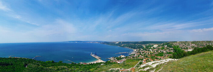 Beautiful panorama of the coast of the Black Sea in Balchik city, Bulgaria. Holiday journey, travel concept - obrazy, fototapety, plakaty