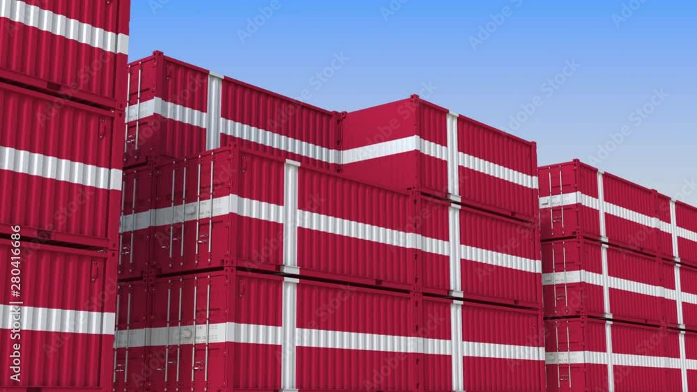Poster Container yard full of containers with flag of Denmark. Danish export or import related loopable 3D animation