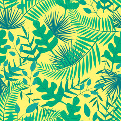 Fototapeta na wymiar Seamless pattern with bright tropical leaves of palm on yellow background. For wallpapers, decoration, invitation, fabric, textile and print, web page background, gift and wrapping paper.