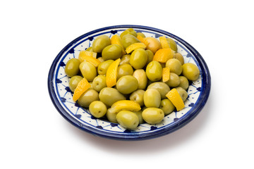 Dish with traditional Moroccan olives and lemon