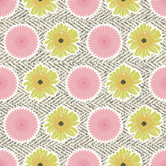 Retro sunflowers and origami paper flowers pattern print. Fresh flowers and paper flowers seamless vector background design.
