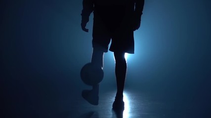 Football freestyle. Slow motion of soccer player's legs stuffing ball in twilight. - Powered by Adobe