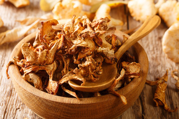 Chanterelle freshly dried forest mushrooms close-up on a plate. horizontal