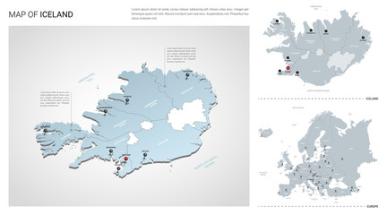 Fototapeta premium Vector set of Iceland country. Isometric 3d map, Iceland map, Europe map - with region, state names and city names.
