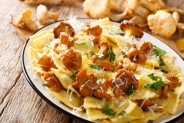 Freshly cooked ravioli with fried chanterelles and parmesan cheese close-up on a plate. horizontal