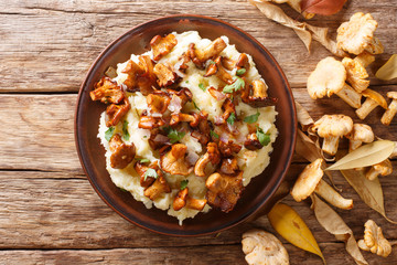 Chanterelle forest mushrooms with potato garnish, onions and parsley closeup on a plate. horizontal top view