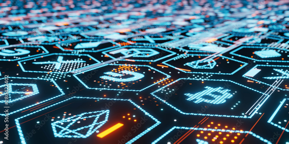 Poster 3d rendering of bitcoin and other crypto currencies led glow on dark glossy glass board with blockch