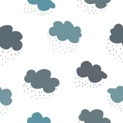 Fotobehang Blue green and grey clouds and rain drops seamless pattern. © Siberica