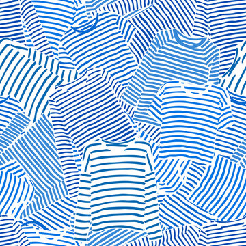 Hand drawn blue striped longsleeve t-shirts seamless pattern.
