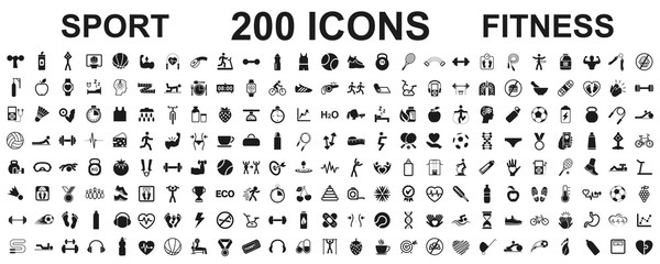 Set 200 isolated icons spotr - fitness. Fitness exercise, sport workout training illustration – stock vector - obrazy, fototapety, plakaty
