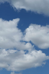 Fototapeta premium Blue sky background with white clouds. Cropped shot, vertical, free space. Concept of natural beauty.
