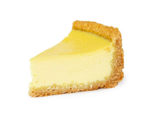 Piece of lemon cheesecake isolated on white