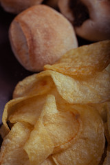 Macro texture photograph of several French fries.