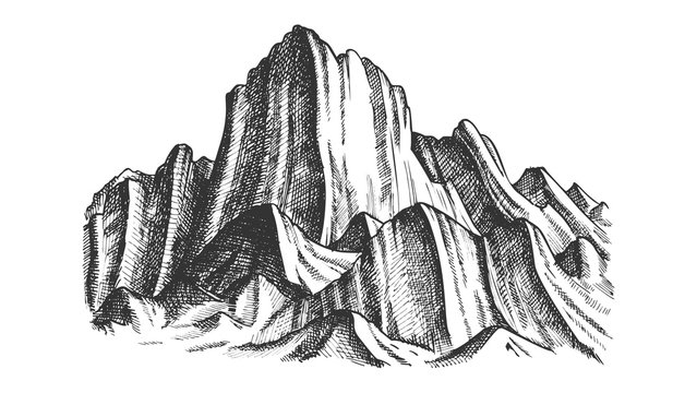 Peak Of Rocky Mountain Landscape Monochrome Vector. Mountain Versant Rock Peak Felsenwand Adventure Wilderness Place Concept. Designed Slope Clift Template Black And White Illustration