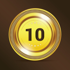 Set of gold coins. Coins worth one, five, ten, fifty, one hundred, five hundred