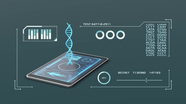 tablet pc with an hologram of a dn helix and a futuristic software interface, concept of science, biology and technology, seamless loop