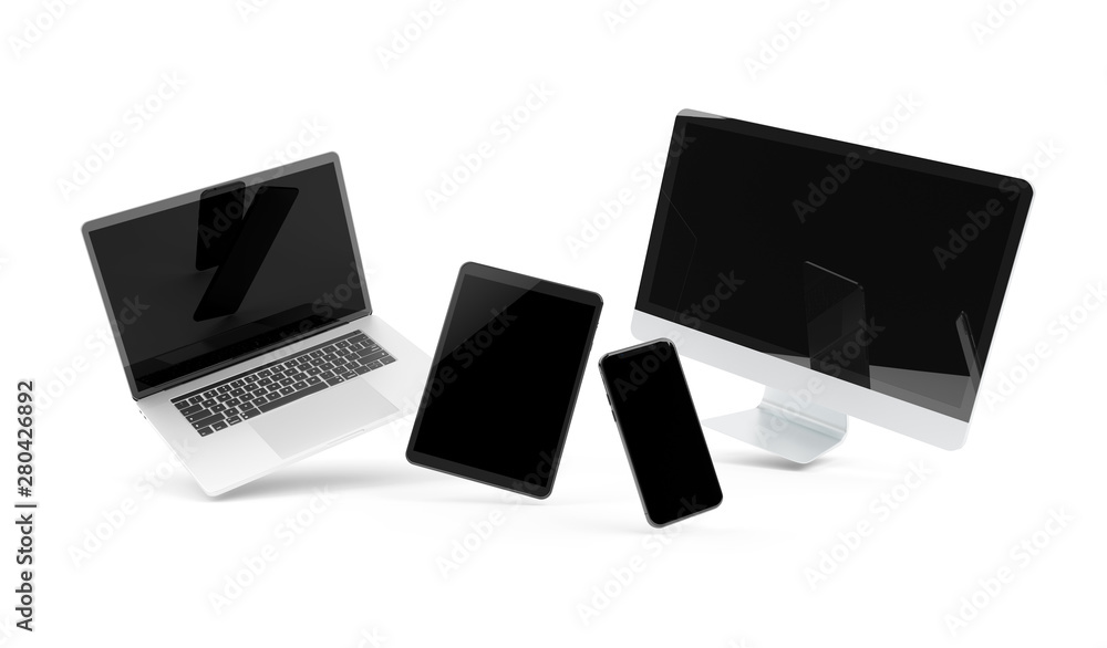 Poster Devices floating on white background 3D rendering