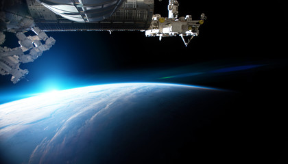 View of planet Earth from a space station window during a sunrise 3D rendering elements of this image furnished by NASA