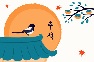 Fototapeta premium Hand drawn vector illustration for Mid Autumn Festival in Korea, with magpie on a roof, persimmon tree, leaves, full moon, Korean text Chuseok. Flat style design. Concept holiday card, poster, banner.