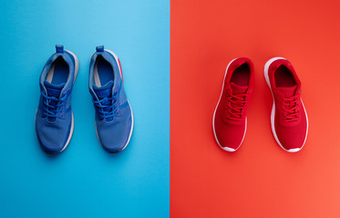 A studio shot of running shoes on bright color background. Flat lay.