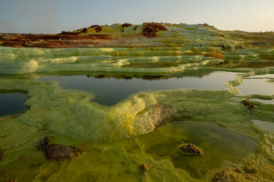 Sunset at Dalol in the Danakil Dessert, Ethiopia. One of the hottest places on the planet