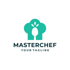 Chef hat and spoon restaurant logo design vector.