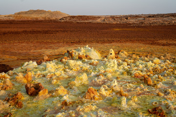 Sunset at Dalol in the Danakil Dessert, Ethiopia. One of the hottest places on the planet