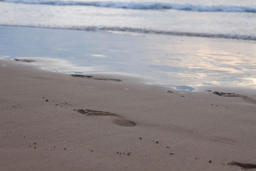 Recent footprints along the beach wet sand