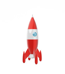 Toy space rocket red and white colors on a white background isolated. Sci-fi illustration. 3d rendering.