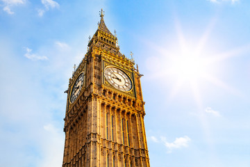 big ben against blue sunny background - heat wave in the UK