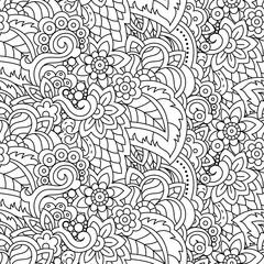 Obraz premium Vector hand drawn line seamless illustration of abstract colored flower and leaves