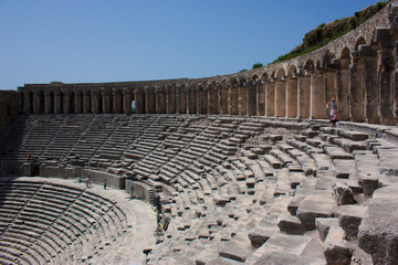 The Theatre of Aspendos Ancient City in Antalya. Aspendos or Aspendus was an ancient Greco-Roman city. Famous historical landmark of Turkey. Founded in the 5th century BC.