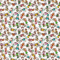 Seamless grunge pattern with a lot of girls, women, kids. Stickman endless illustration