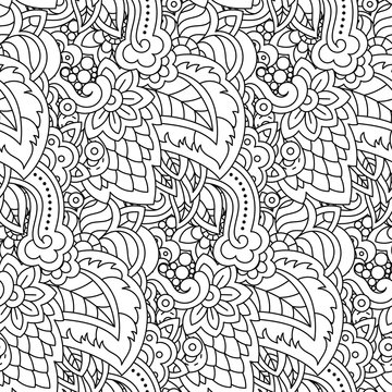 Vector hand drawn line seamless illustration of abstract colored flower and leaves