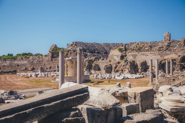 Side. Turkey. 06.2019. The ruins of the Agora market of the ancient city of Side