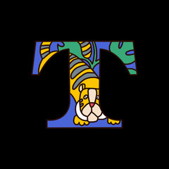 Serif alphabet letter t with doodle tiger