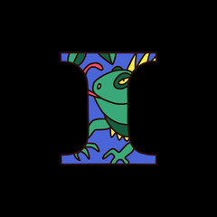 Serif alphabet letter i with doodle iguana