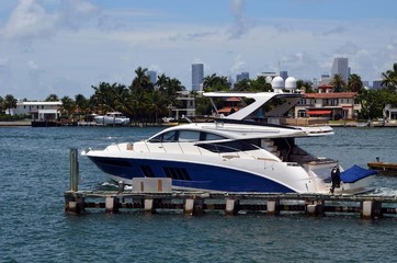 High-end cabin cruiser on the Florida Intra-Coastal Waterway approaching Biscayne Bay.