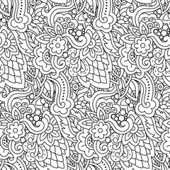 Vector hand drawn line seamless illustration of abstract colored flower and leaves