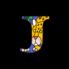 Serif alphabet letter j with doodle jaguar