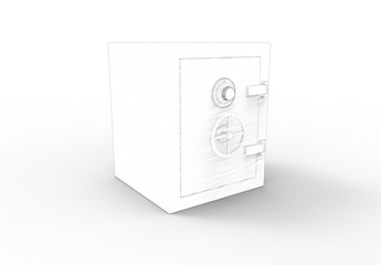 3d rendering line drawing of a safe vault isolated in white background.