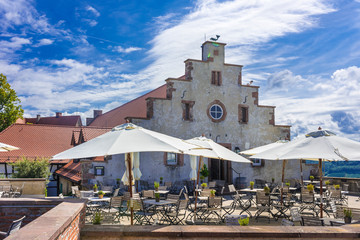 View of the terrace of Schloss Staufenberg near the village of Durbach in the Ortenau region_ Baden Wuerttemberg, Germany, Europe