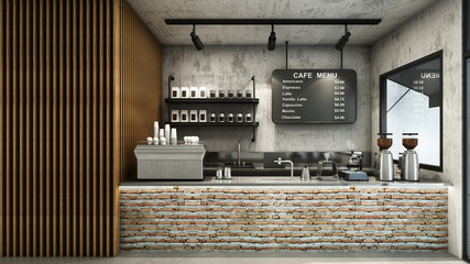 Cafe shop  Restaurant design Minimalist   Loft,Counter brick,Top counter stainless steel,Wall back counter concrete,Concrete floors -3D render
