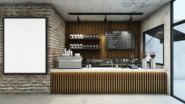 Cafe shop  Restaurant design Modern and Loft,Top counter concrete,Wood slat counter,Wall back counter Wood slat,Brick wall mock up,Concrete floors -3D render