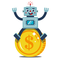 Fototapeta Rados robot sits on a large gold coin. passive obraz