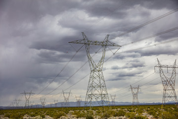 Electricity pylons, power transmission in the desert, USA