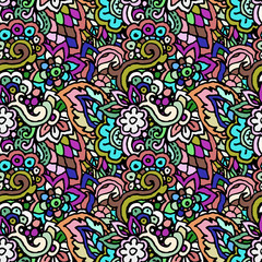 Vector hand drawn line seamless illustration of abstract colored flower and leaves