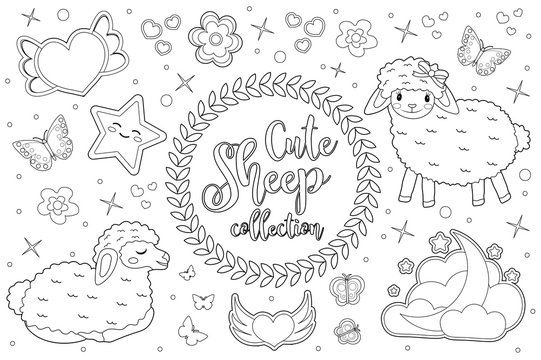 Cute little sheep set Coloring book page for kids. Collection of design element, outline, doodle style. Kids baby clip art antistress. Vector illustration.