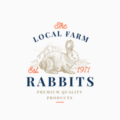 Local Meat Hare Farm Retro Badge or Logo Template. Hand Drawn Rabbit and Village Landscape Sketch with Retro Typography. Vintage Sketch Emblem.